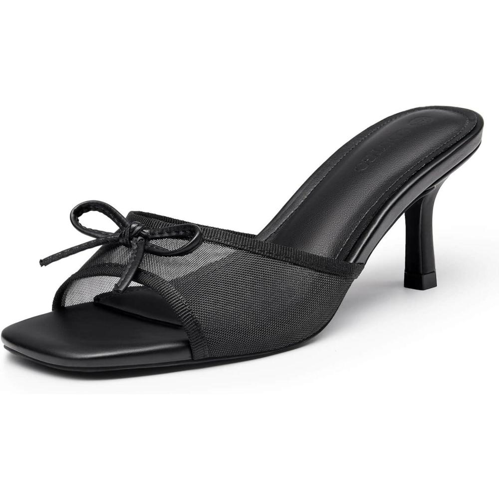 imageCoutgo Womens Square Open Toe Heels Mules Bow Stiletto Heel Backless Slip On Slide SandalsPure Black