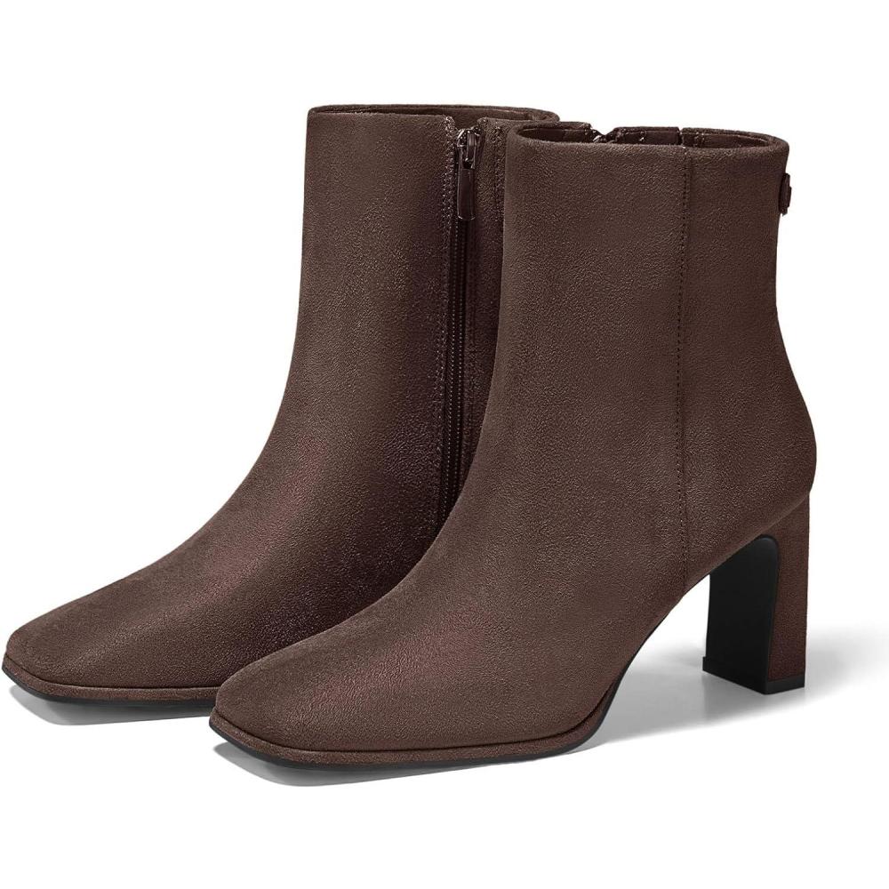imageCoutgo Womens Square Toe Ankle Boots Chunky Block Heel Side Zipper Booties Faux Suede Winter ShoesChocolate