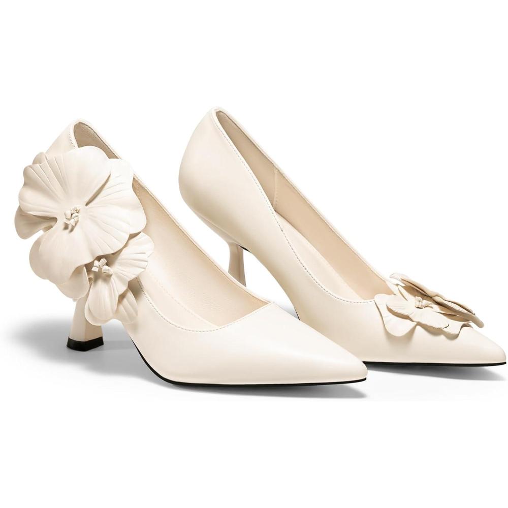 imageCoutgo Womens Stiletto High Heels Flower Dress Shoes Closed Pointed Toe Slip on Wedding Party Formal PumpsCreamywhite