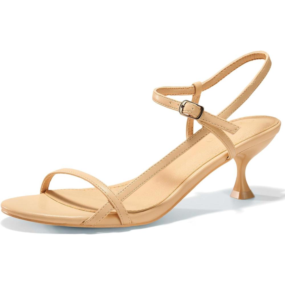 imageCoutgo Womens Strappy Heeled Sandals Kitten Low Heel Open Toe Ankle Strap Party Wedding Dress ShoesKhaki