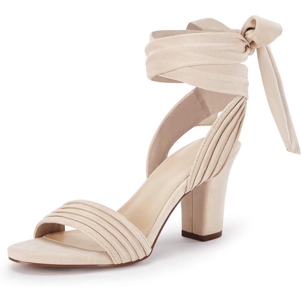 imageCoutgo Womens Strappy High Heels Chunky Heeled Sandals Bow Tie Lace Up Open Toe Pumps Dress Wedding Comfortable ShoesBeige