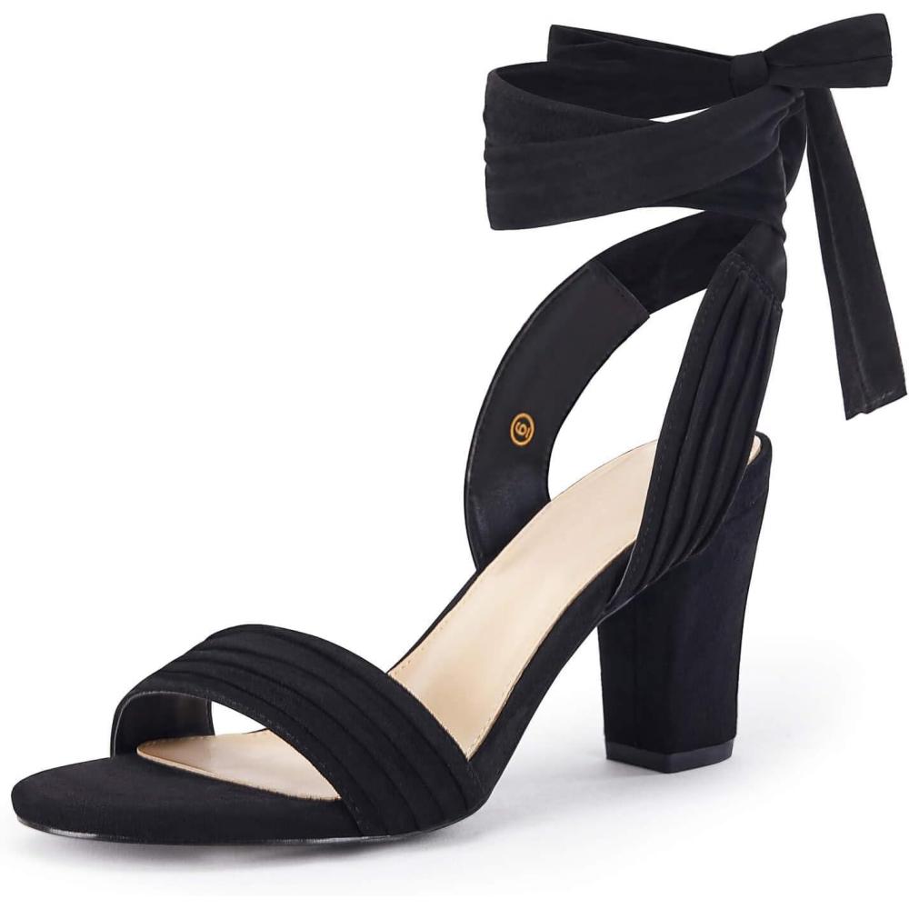 imageCoutgo Womens Strappy High Heels Chunky Heeled Sandals Bow Tie Lace Up Open Toe Pumps Dress Wedding Comfortable ShoesBlack