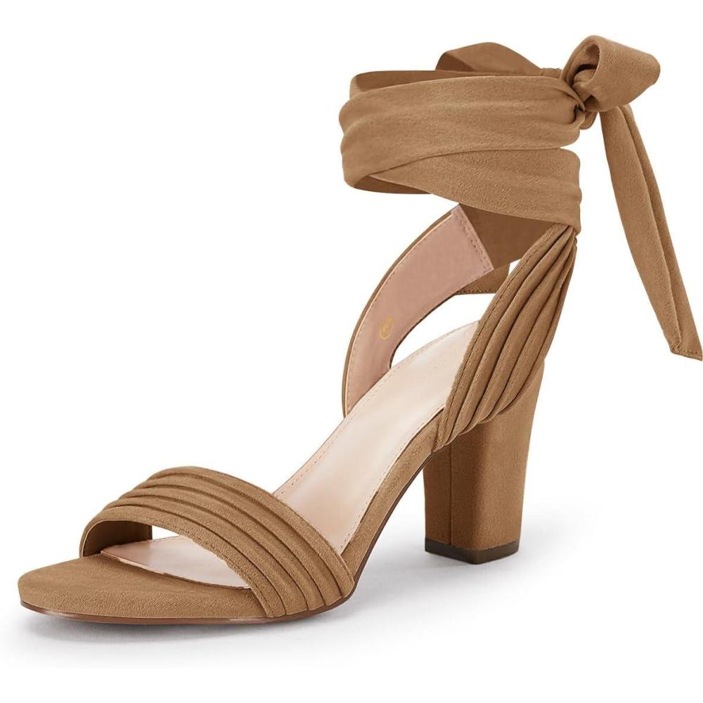 imageCoutgo Womens Strappy High Heels Chunky Heeled Sandals Bow Tie Lace Up Open Toe Pumps Dress Wedding Comfortable ShoesKhaki