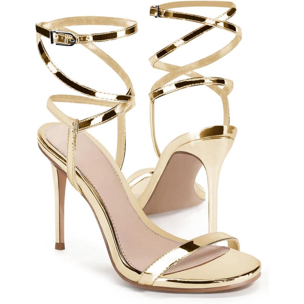 imageCoutgo Womens Strappy Lace up Heels Sandals Sexy High Heeled Ankle Strap Summer Dress ShoesGold