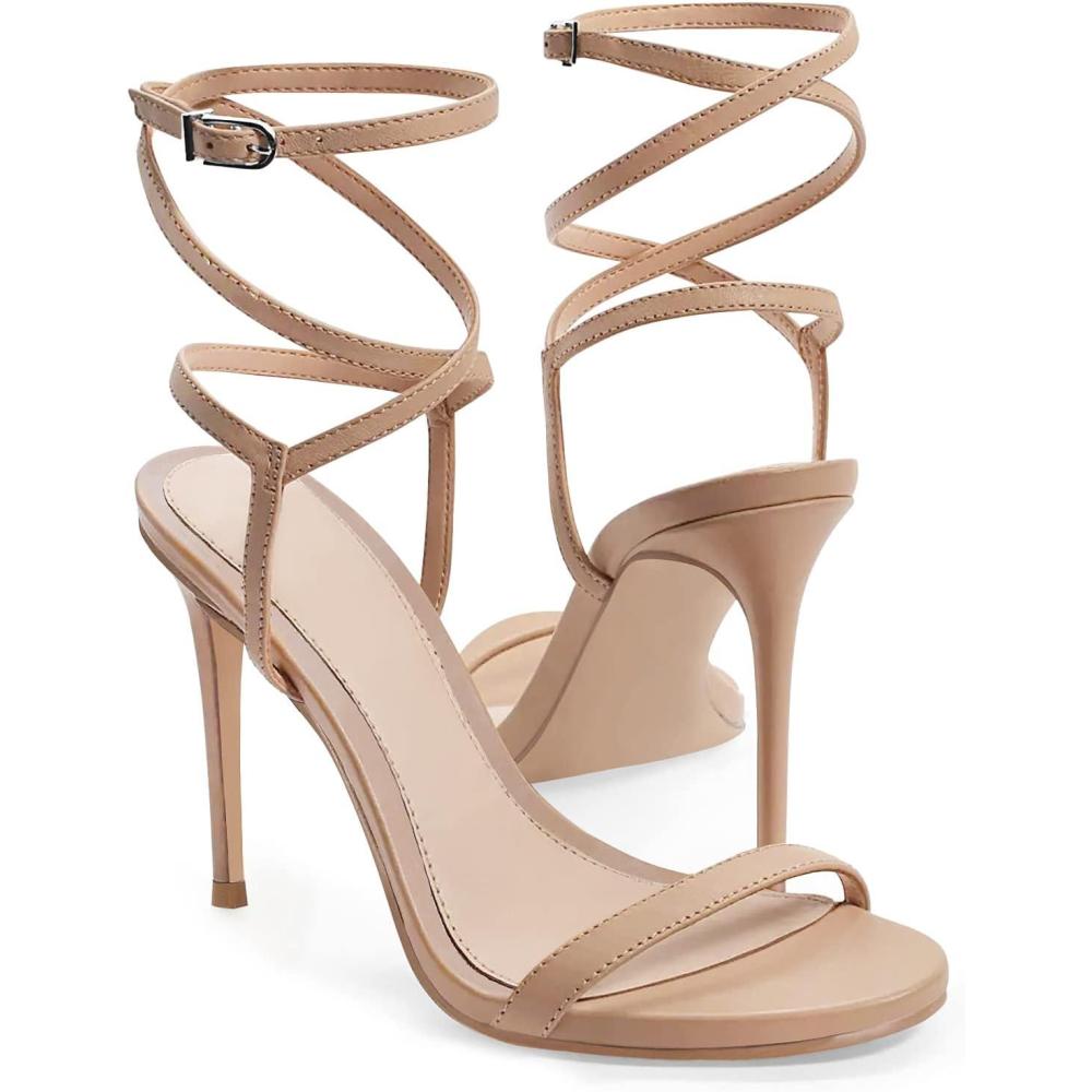 imageCoutgo Womens Strappy Lace up Heels Sandals Sexy High Heeled Ankle Strap Summer Dress ShoesKhaki