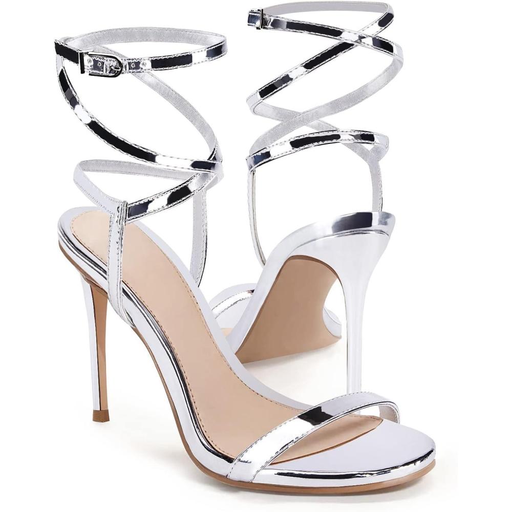imageCoutgo Womens Strappy Lace up Heels Sandals Sexy High Heeled Ankle Strap Summer Dress ShoesSilver