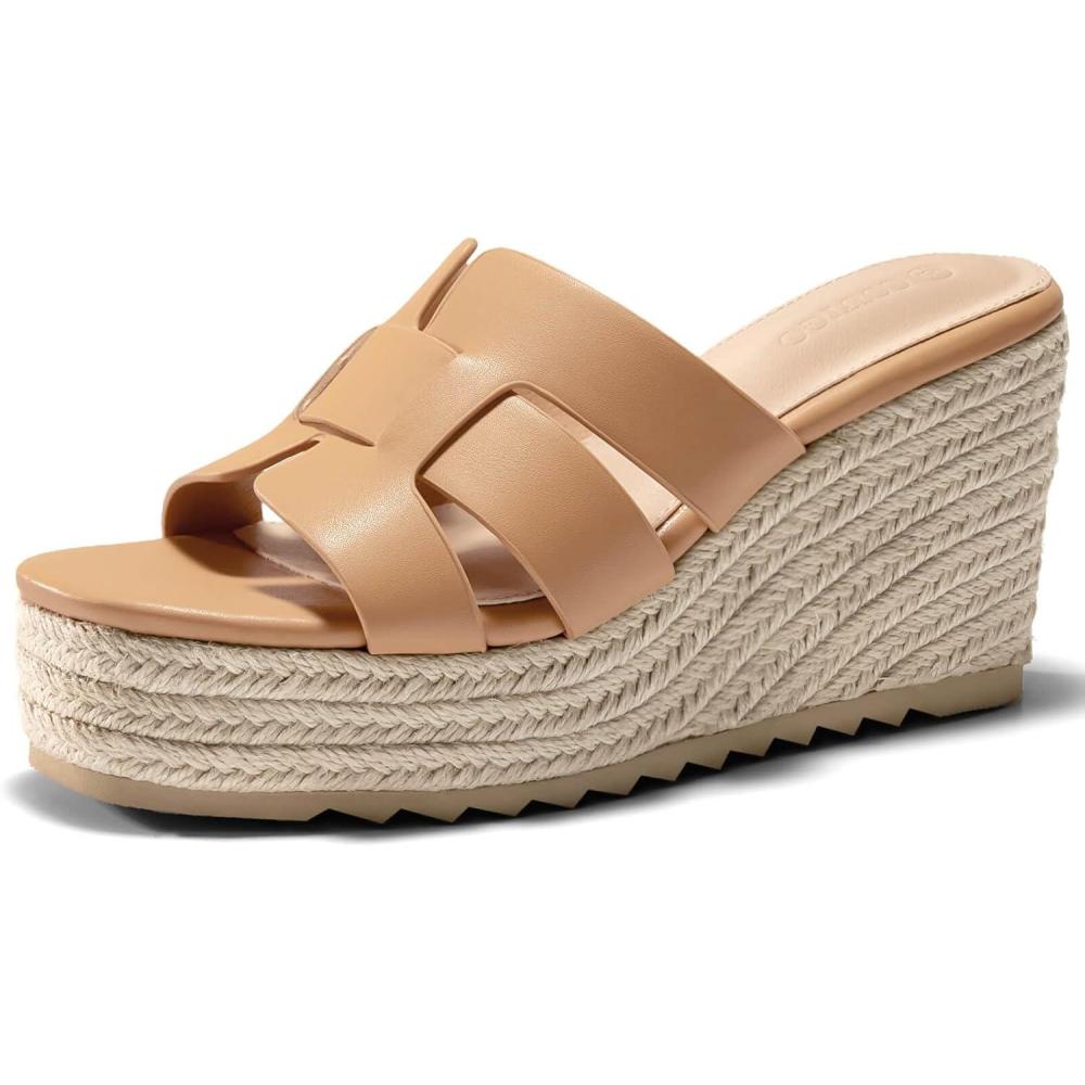 imageCoutgo Womens Wedge Sandals Platform Espadrille Heels Open Toe Strappy Slip On Casual Summer Slide ShoesLight Brown