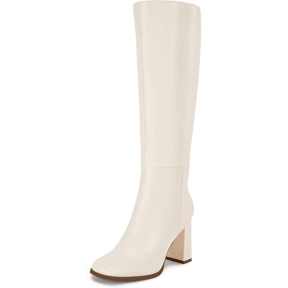 imageCoutgo Womens Wide Calf Knee High Boots Chunky High Heel Square Toe Fashion Leather Shoes with Side ZipperWhite
