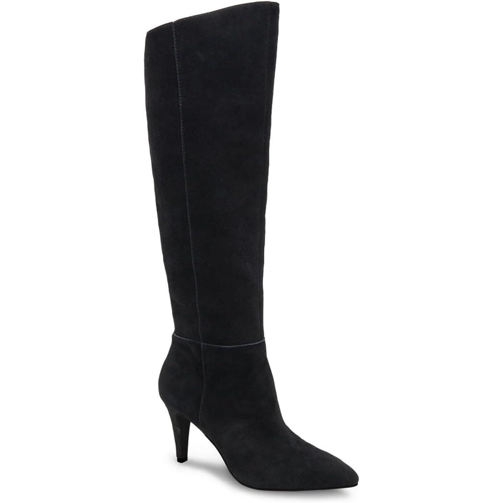 imageCoutgo Womens Wide Calf Knee High Boots Stiletto High Heel Pointed Toe Side Zipper Suede Long Boots Winter ShoesBlack