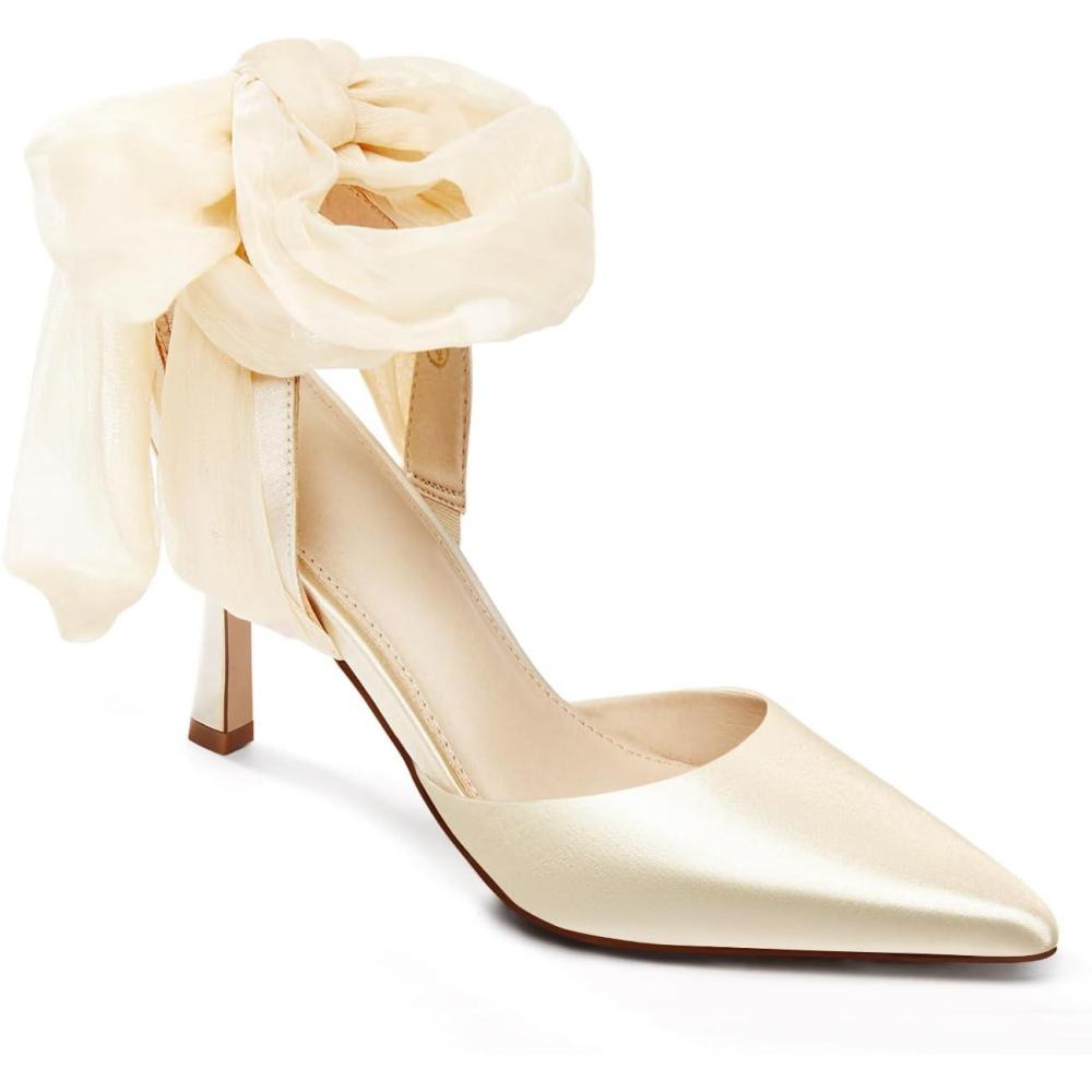 imageWomens Lace up Satin Heels Bow Pointed Closed Toe Bridal Dress Shoes Low Heel Wedding Elegant PumpsBeigesatin