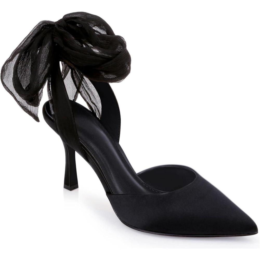 imageWomens Lace up Satin Heels Bow Pointed Closed Toe Bridal Dress Shoes Low Heel Wedding Elegant PumpsBlacksatin