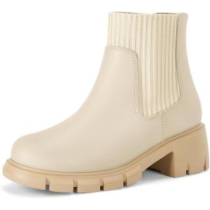 Coutgo Girl Boots Kids Ankle Boots Back Zipper Round Toe Chelsea Platform Elastic Short Booties Snow Boots for Little Kids/Big Kids(Beige)