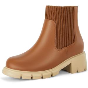 Coutgo Girl Boots Kids Ankle Boots Back Zipper Round Toe Chelsea Platform Elastic Short Booties Snow Boots for Little Kids/Big Kids(Brown)