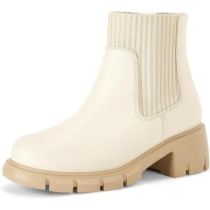 Coutgo Girl Boots Kids Ankle Boots Back Zipper Round Toe Chelsea Platform Elastic Short Booties Snow Boots for Little Kids/Big Kids(White)