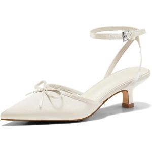 Coutgo Satin Kitten Low Heels with Bow Closed Pointed Toe Short Pumps Dress Wedding Party Shoes(Beige)