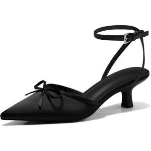 Coutgo Satin Kitten Low Heels with Bow Closed Pointed Toe Short Pumps Dress Wedding Party Shoes(Black)