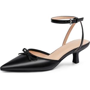 Coutgo Satin Kitten Low Heels with Bow Closed Pointed Toe Short Pumps Dress Wedding Party Shoes(Pu Black)