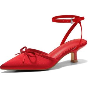 Coutgo Satin Kitten Low Heels with Bow Closed Pointed Toe Short Pumps Dress Wedding Party Shoes(Red)