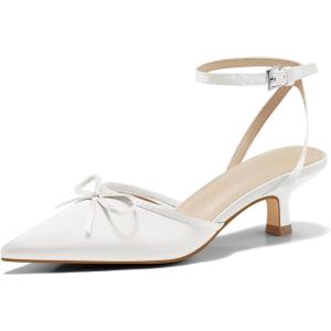 Coutgo Satin Kitten Low Heels with Bow Closed Pointed Toe Short Pumps Dress Wedding Party Shoes(White)