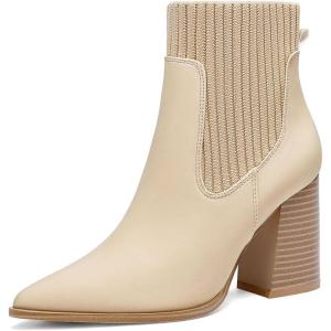 Coutgo Women Ankle Boots Sock Booties Pointed Toe Chunky Stacked High Heel Knit Chelsea Winter Dress Booties(Apricot)