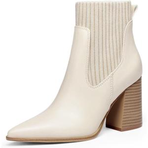 Coutgo Women Ankle Boots Sock Booties Pointed Toe Chunky Stacked High Heel Knit Chelsea Winter Dress Booties(Beige)