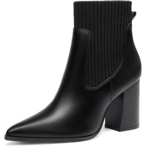 Coutgo Women Ankle Boots Sock Booties Pointed Toe Chunky Stacked High Heel Knit Chelsea Winter Dress Booties(Black)