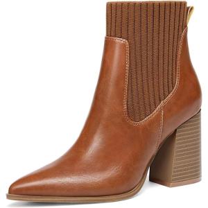 Coutgo Women Ankle Boots Sock Booties Pointed Toe Chunky Stacked High Heel Knit Chelsea Winter Dress Booties(Brown)