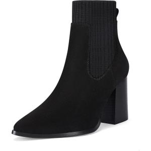 Coutgo Women Ankle Boots Sock Booties Pointed Toe Chunky Stacked High Heel Knit Chelsea Winter Dress Booties(Cool Black)