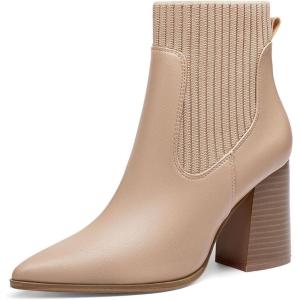 Coutgo Women Ankle Boots Sock Booties Pointed Toe Chunky Stacked High Heel Knit Chelsea Winter Dress Booties(Khaki)
