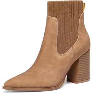 Coutgo Women Ankle Boots Sock Booties Pointed Toe Chunky Stacked High Heel Knit Chelsea Winter Dress Booties(Light Brown)
