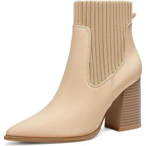 Coutgo Women Ankle Boots Sock Booties Pointed Toe Chunky Stacked High Heel Knit Chelsea Winter Dress Booties(Light Khaki)