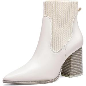 Coutgo Women Ankle Boots Sock Booties Pointed Toe Chunky Stacked High Heel Knit Chelsea Winter Dress Booties(White)
