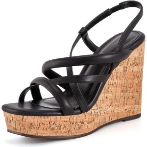 Coutgo Women Platform Wedge Sandals Cork Slingback Wedges Espadrilles Heels Summer Shoes(Black)