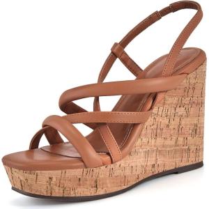 Coutgo Women Platform Wedge Sandals Cork Slingback Wedges Espadrilles Heels Summer Shoes(Brown)