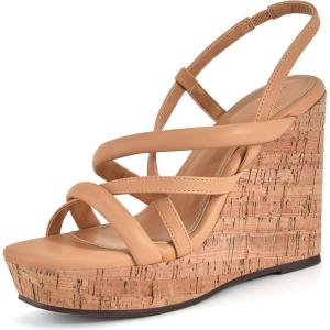Coutgo Women Platform Wedge Sandals Cork Slingback Wedges Espadrilles Heels Summer Shoes(Camel)