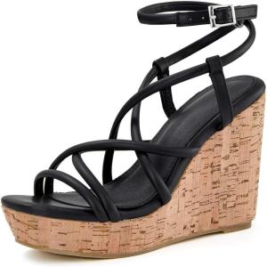 Coutgo Women Platform Wedge Sandals Cork Slingback Wedges Espadrilles Heels Summer Shoes(Cool Black)