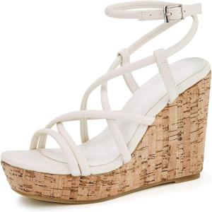 Coutgo Women Platform Wedge Sandals Cork Slingback Wedges Espadrilles Heels Summer Shoes(Off-white)