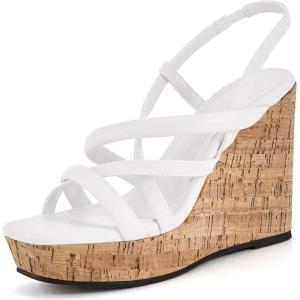 Coutgo Women Platform Wedge Sandals Cork Slingback Wedges Espadrilles Heels Summer Shoes(White)
