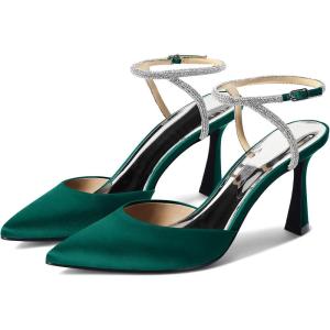 Coutgo Women Rhinestone Heels Kitten High Satin Pumps Pointed Toe Sparkly Sexy Wedding Dress Shoes(Dark Green)