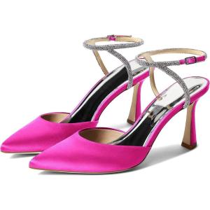 Coutgo Women Rhinestone Heels Kitten High Satin Pumps Pointed Toe Sparkly Sexy Wedding Dress Shoes(Rose Red)