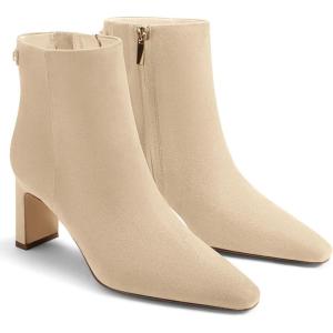 Coutgo Womens Ankle Boots Chunky Heel Closed Square Toe Booties Side Zipper Winter Dress Shoes(Nude)
