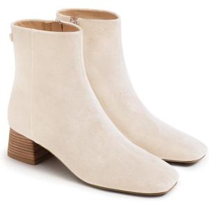 Coutgo Womens Ankle Boots Chunky Low Heel Square Toe Booties Side Zipper Winter Dress Shoes(Beige)