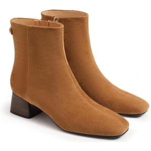 Coutgo Womens Ankle Boots Chunky Low Heel Square Toe Booties Side Zipper Winter Dress Shoes(Brown)