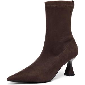 Coutgo Womens Ankle Boots Pointed Toe Low Kitten Heel Side Zipper Office Dress Fall Booties Shoes(Chocolate Suede)