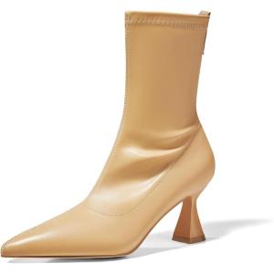 Coutgo Womens Ankle Boots Pointed Toe Low Kitten Heel Side Zipper Office Dress Fall Booties Shoes(Khaki)