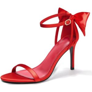 Coutgo Womens Ankle Strap High Heels Open Toe Stiletto Bow Tie Knot Heeled Sandals Fashion Wedding Dress Pump Shoes(Wine Red（satin）)