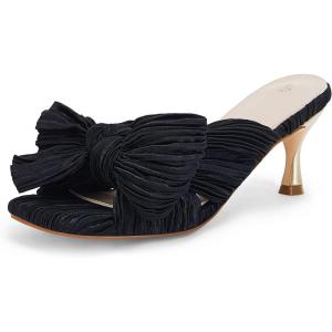 Coutgo Womens Bow Heeled Sandals Pleated Bowknot Heels Open Square Toe Cute Kitten Heel Mules Slip On Wedding Dress Shoes(Black)
