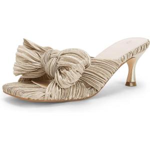 Coutgo Womens Bow Heeled Sandals Pleated Bowknot Heels Open Square Toe Cute Kitten Heel Mules Slip On Wedding Dress Shoes(Champagne)