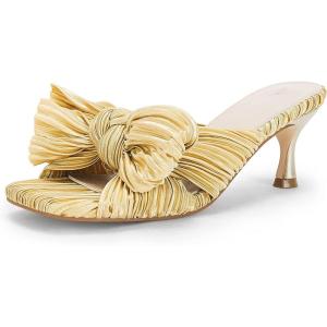 Coutgo Womens Bow Heeled Sandals Pleated Bowknot Heels Open Square Toe Cute Kitten Heel Mules Slip On Wedding Dress Shoes(Gold)