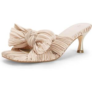Coutgo Womens Bow Heeled Sandals Pleated Bowknot Heels Open Square Toe Cute Kitten Heel Mules Slip On Wedding Dress Shoes(Nude)